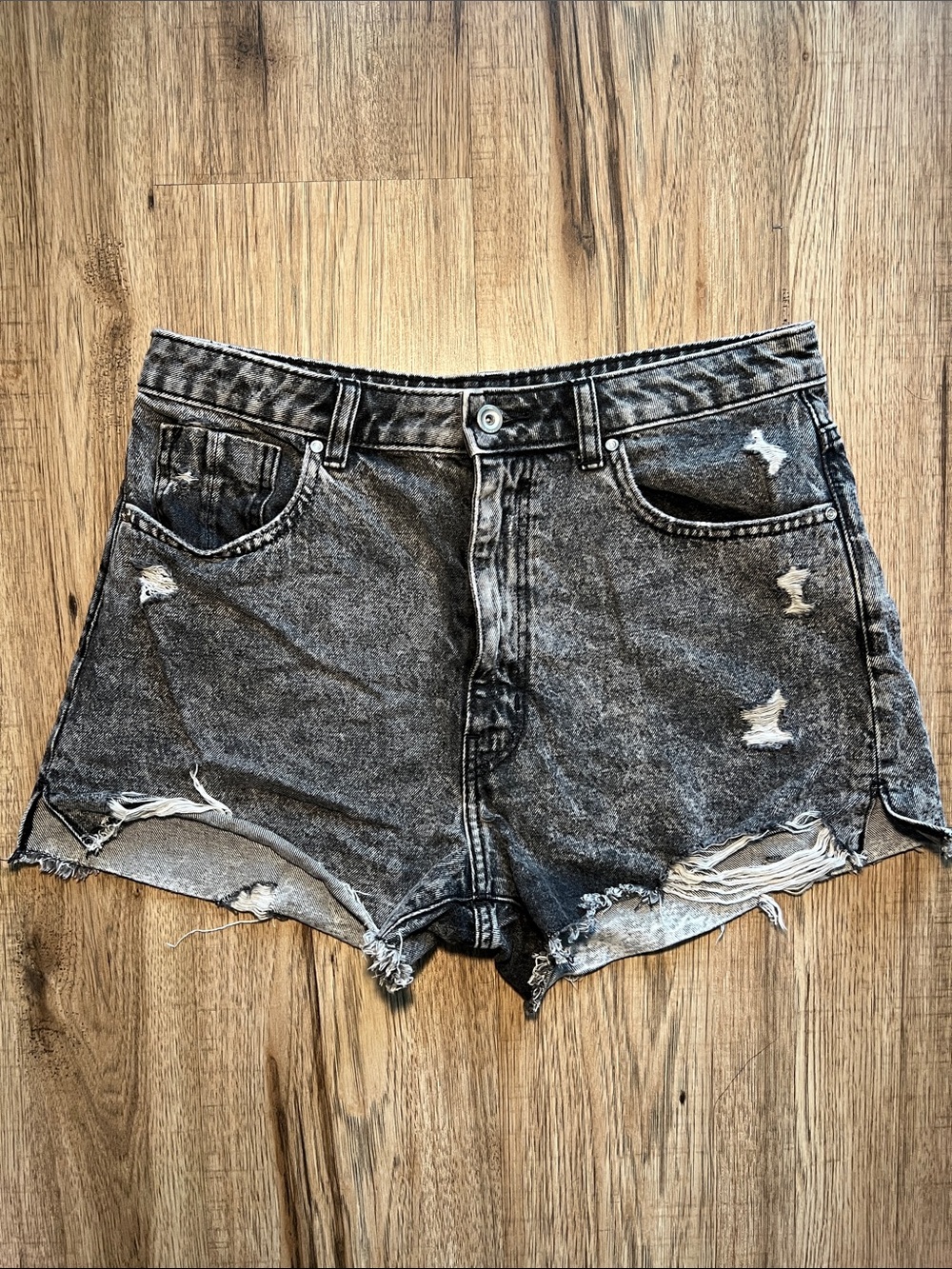 Zara Black Washed Distressed High-Rise Jean Shorts